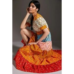 Anthropologie NWT Tiered True Dress Small Patchwork Colorblock Floral Midi Boho